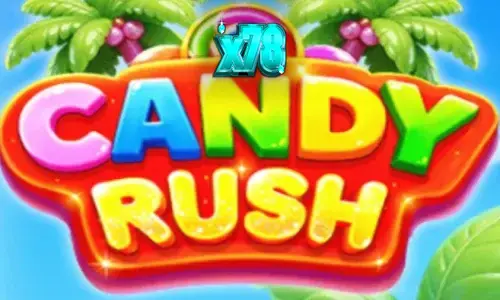 Tampilan visual slot Candy Rush dengan latar belakang tropis dan simbol permen berwarna-warni
